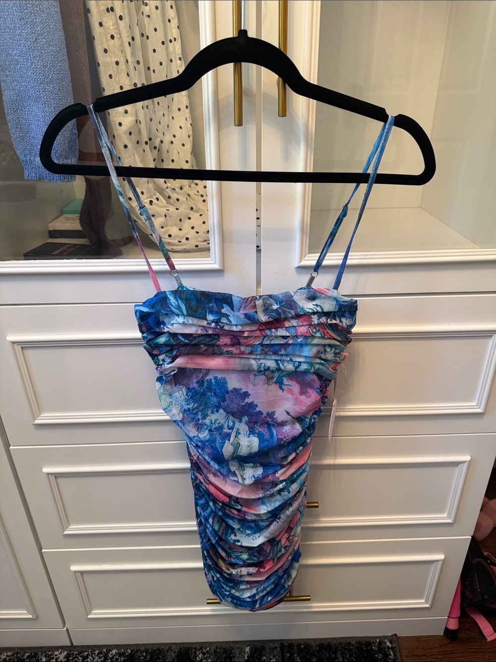 Floral Ruched Mini Slip Dress in Blue & Pink